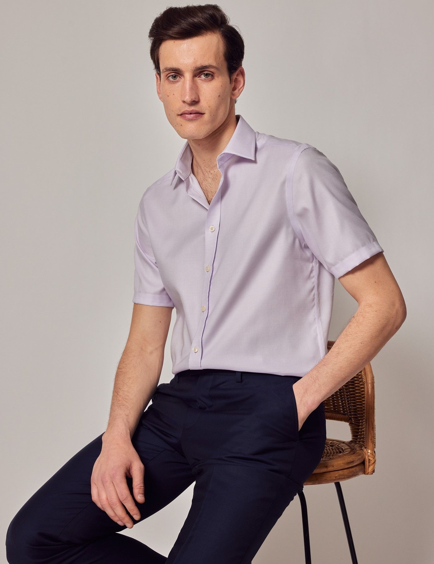 Slim Fit Lilac & White Non-Iron Shirt - Short Sleeve