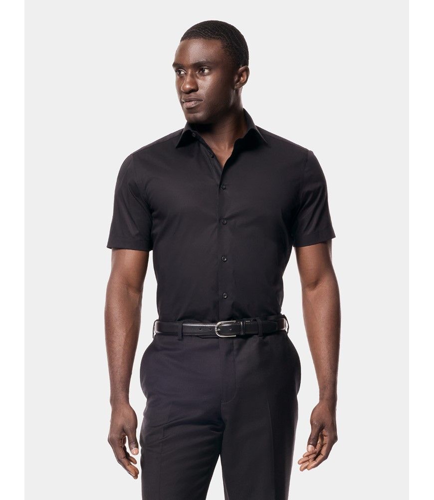 Men's Black Fitted Slim Stretch Shirt - Short Sleeve | Hawes & Curtis