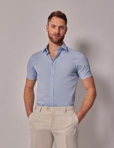 Blue Fitted Slim Stretch Shirt - Short Sleeve-preview4