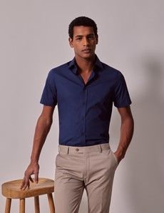 Navy Fitted Slim Stretch Shirt - Short Sleeve