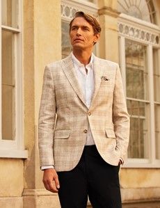 Stone Prince of Wales Plaid Italian Linen Blazer - 1913 Collection