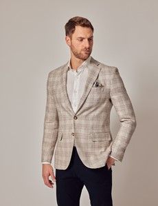 Stone Prince of Wales Plaid Italian Linen Blazer - 1913 Collection-preview2