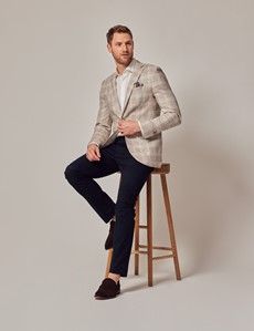 Stone Prince of Wales Plaid Italian Linen Blazer - 1913 Collection-preview4