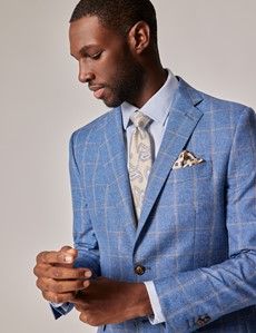 Royal Blue Windowpane Check Wool-Cotton Blend Blazer - 1913 Collection-preview4