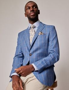 Royal Blue Windowpane Check Wool-Cotton Blend Blazer - 1913 Collection