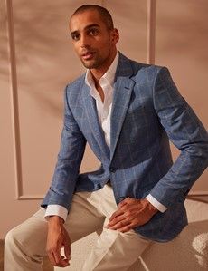 Royal Blue Windowpane Check Wool-Cotton Blend Blazer - 1913 Collection-preview1