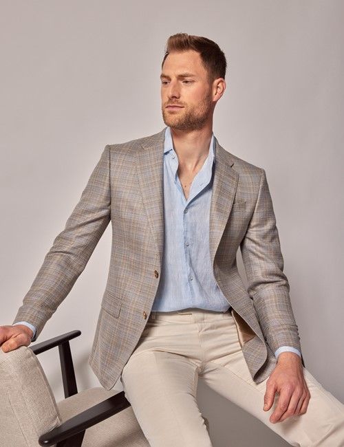 Beige & Blue Check Wool-Silk Blend Blazer - 1913 Collection