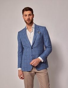 Blue & Brown Windowpane Check Wool-Silk Blend Blazer - 1913 Collection