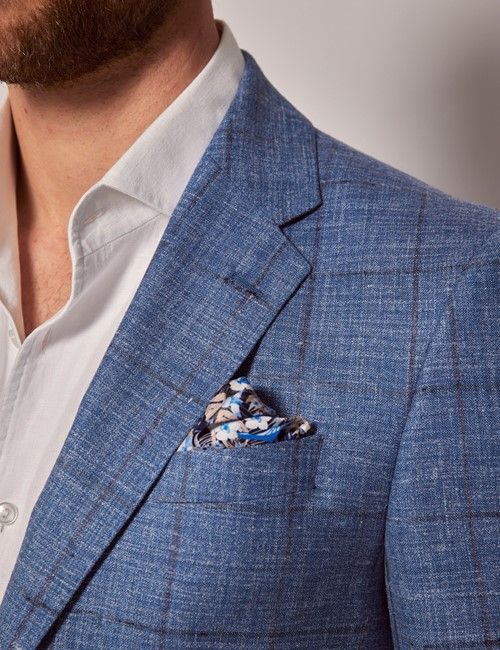 Blue & Brown Windowpane Check Wool-Silk Blend Blazer - 1913 Collection-preview