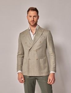 Light Green Double Breasted Herringbone Wool Blend Blazer - 1913 Collection