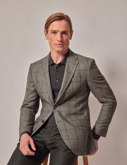 Green Windowpane Check Wool-Cotton Mix Blazer - 1913 Collection