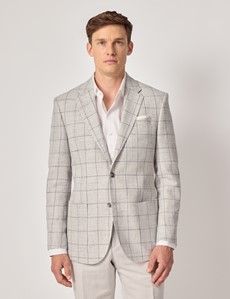 Grey Windowpane Check Linen-Wool Blend Blazer - 1913 Collection
