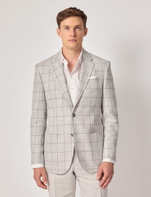 Grey Windowpane Check Linen-Wool Blend Blazer - 1913 Collection