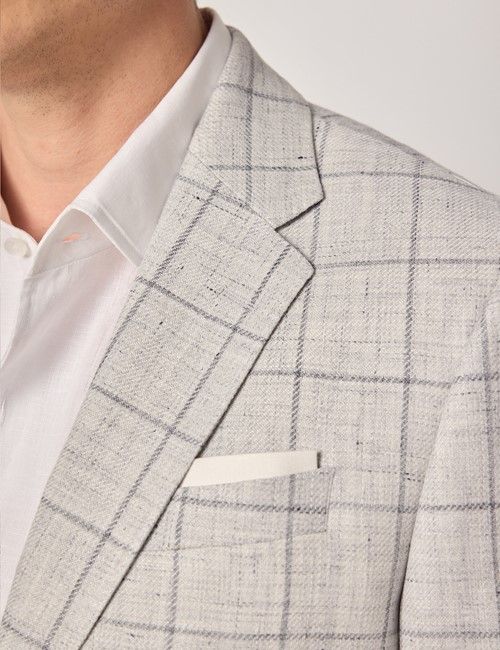 Grey Windowpane Check Linen-Wool Blend Blazer - 1913 Collection-preview