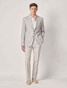 Grey Windowpane Check Linen-Wool Blend Blazer - 1913 Collection-preview8