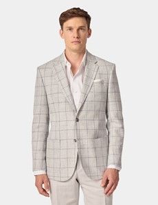 Tailored Fit Grey Windowpane Check Linen-Wool Blend 1913 Blazer