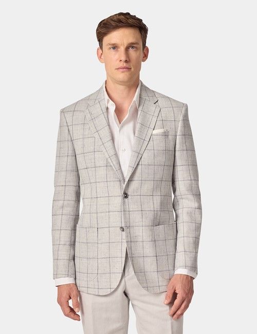 Grey Windowpane Check Linen-Wool Blend Blazer - 1913 Collection
