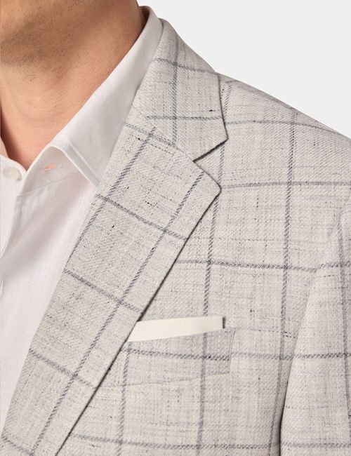 Grey Windowpane Check Linen-Wool Blend Blazer - 1913 Collection-preview