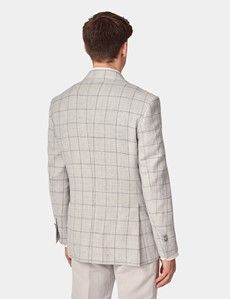 Tailored Fit Grey Windowpane Check Linen-Wool Blend 1913 Blazer