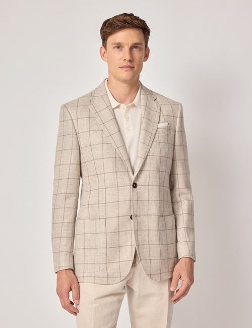 Beige Windowpane Check Linen-Wool Blend Blazer - 1913 Collection