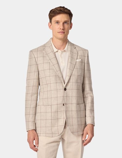 Beige Windowpane Check Linen-Wool Blend Blazer - 1913 Collection