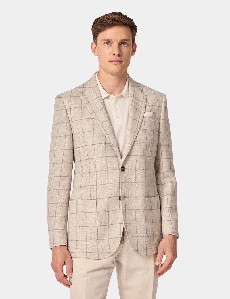 Tailored Fit Beige Windowpane Check Linen-Wool Blend 1913 Blazer