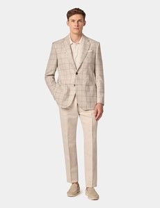 Tailored Fit Beige Windowpane Check Linen-Wool Blend 1913 Blazer
