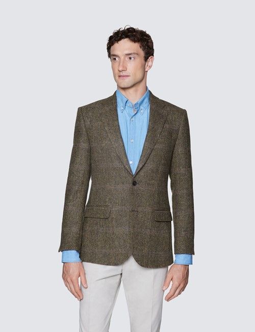Men's Brown & Blue Herringbone Plaid Harris Tweed Blazer - 100% Wool