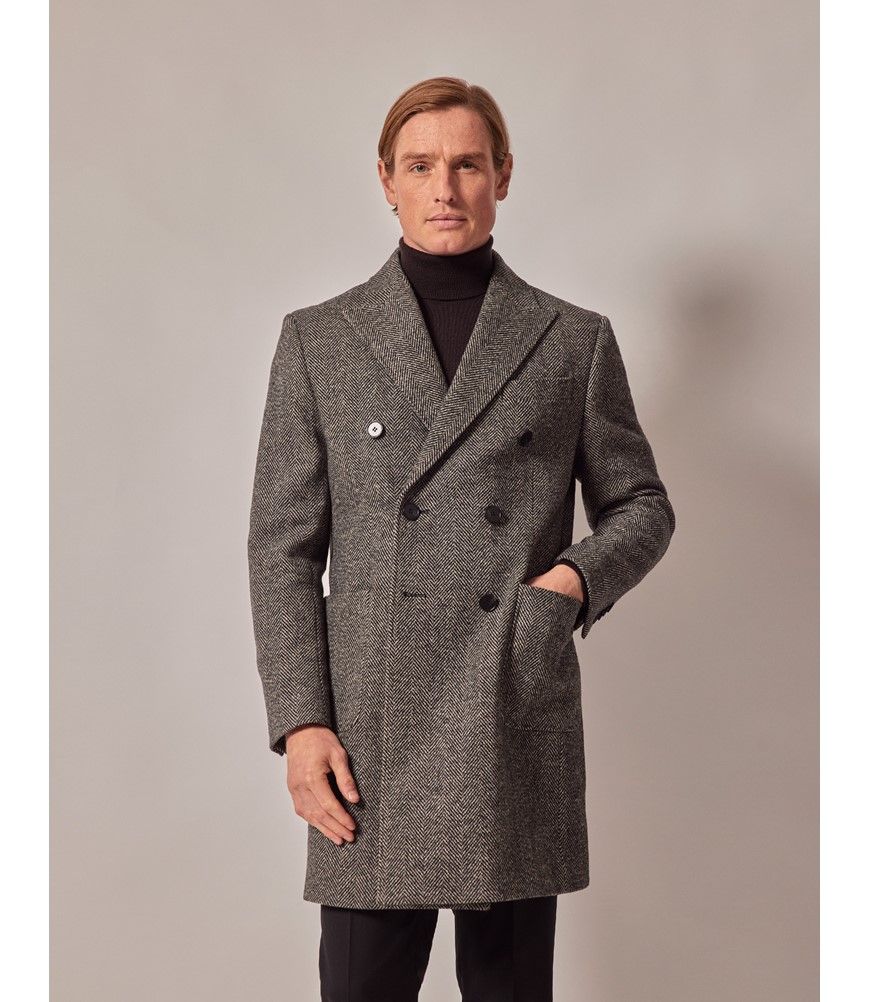 [ KIRSH ]★COLLECTION HERRINGBONE OVER FIT HALF COAT Nathan Coat | Harris Tweed Wide Herringbone, Charcoal