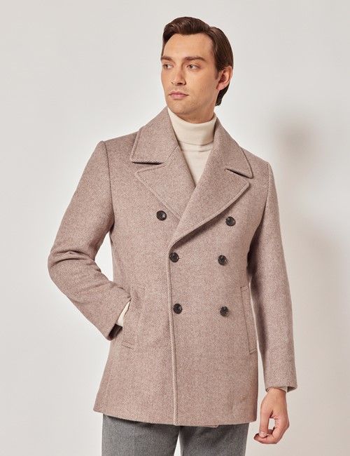 Taupe Herringbone Wool Blend Peacoat