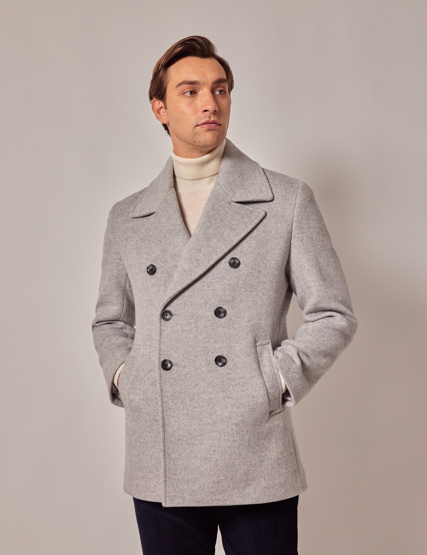 Men's Grey Herringbone Wool Peacoat | Hawes and Curtis