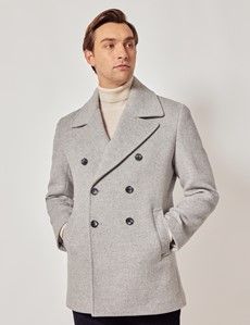 Grey Herringbone Wool Peacoat