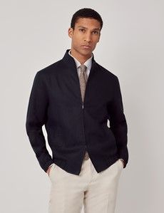 Navy Linen Bomber Jacket