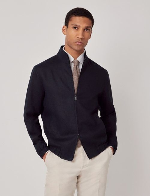 Navy Linen Bomber Jacket