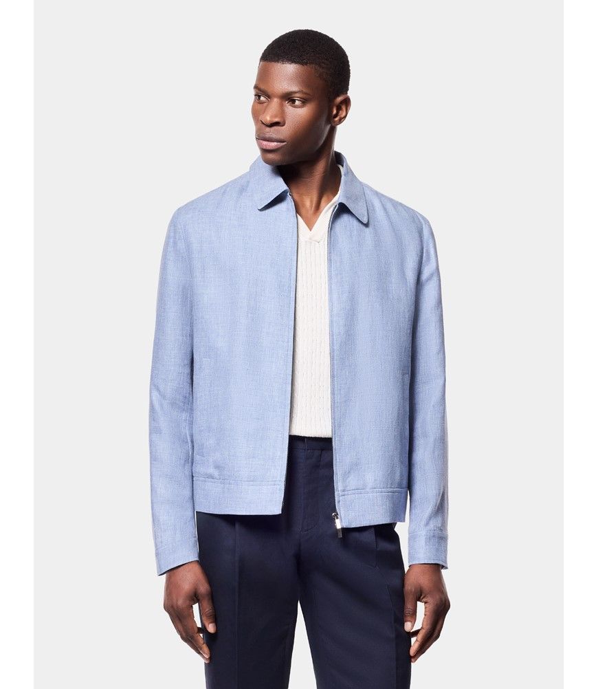 Men's Blue Linen Harrington Jacket | Hawes and Curtis