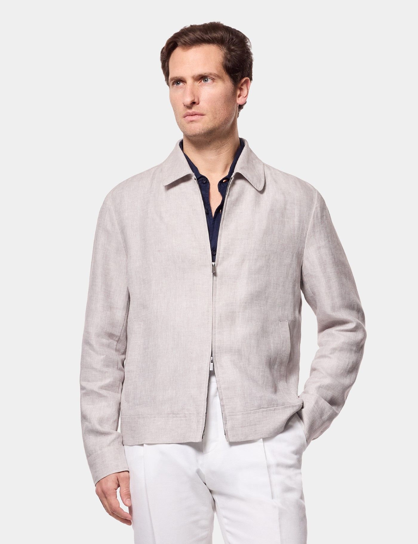 Men's Light Grey Linen Harrington Jacket | Hawes and Curtis