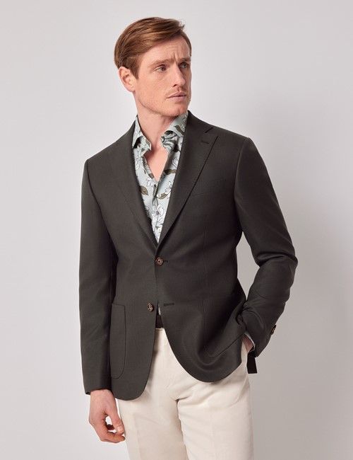 Dark Green Semi Plain Italian Merino Wool Slim Fit Blazer - 1913 Collection