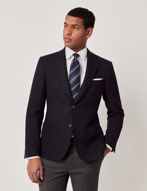 Navy Semi Plain Italian Merino Wool Slim Fit Blazer - 1913 Collection