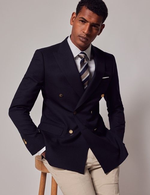 Navy Wool Slim Double Breasted Blazer