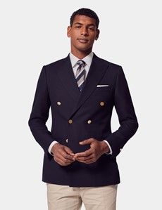 Navy Wool Slim Double Breasted Blazer