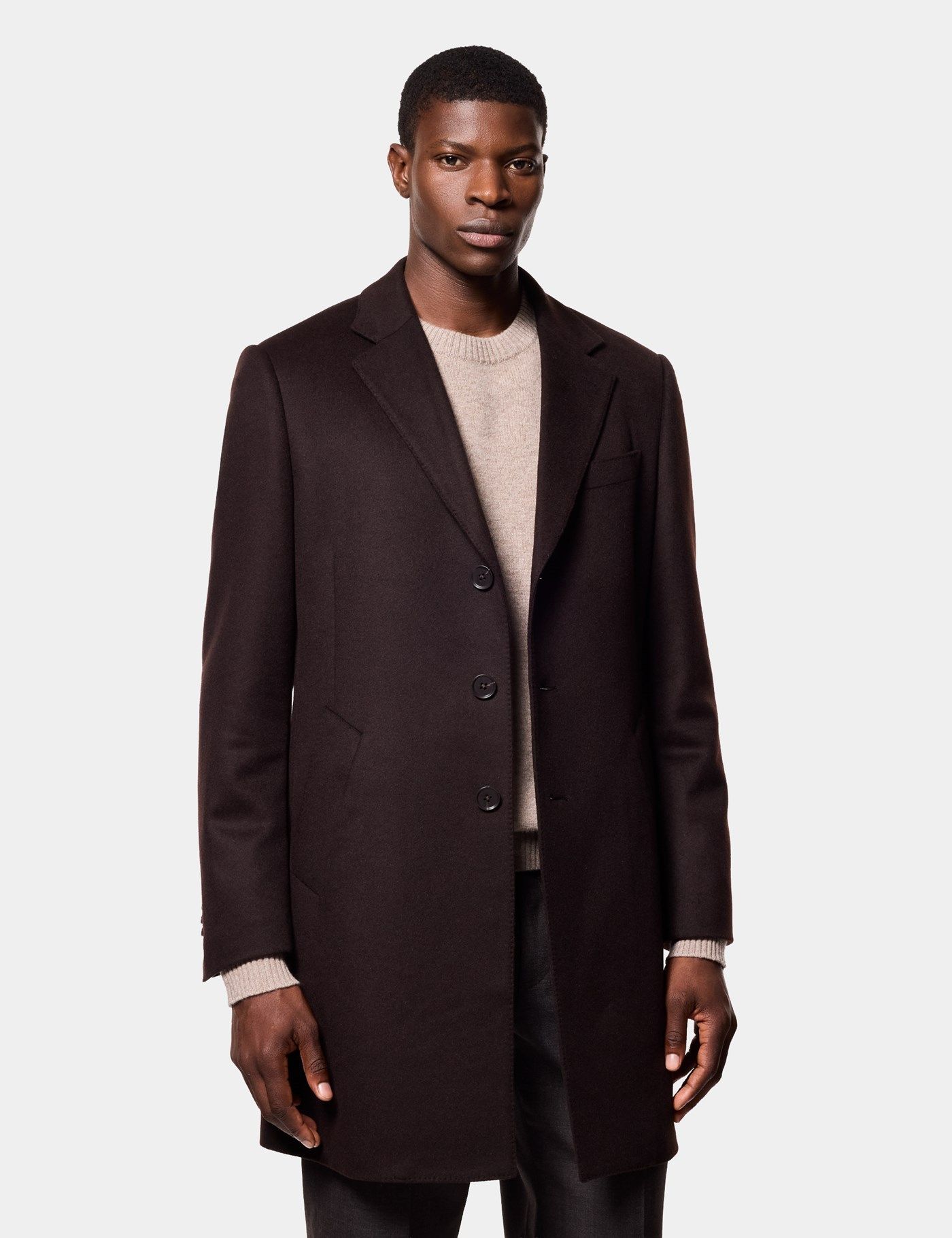 Men's Chocolate Wool Cashmere Overcoat | Hawes & Curtis