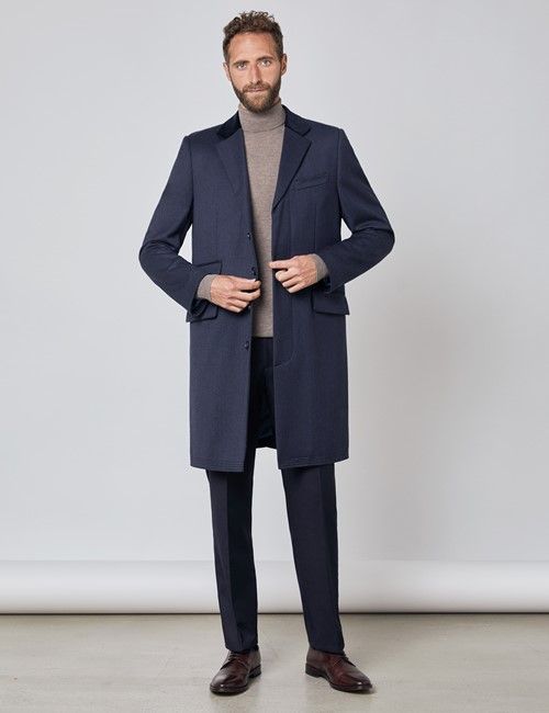 Men's Navy Covert Coat - 100% Wool