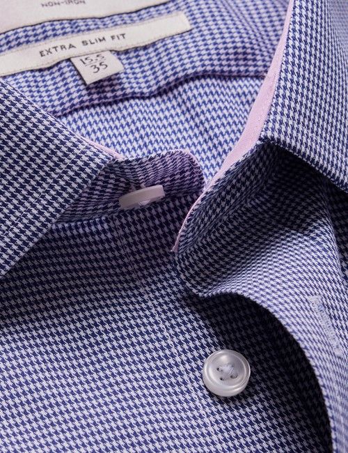 Non-Iron Navy & White Dogtooth Extra Slim Shirt - Contrast Detail