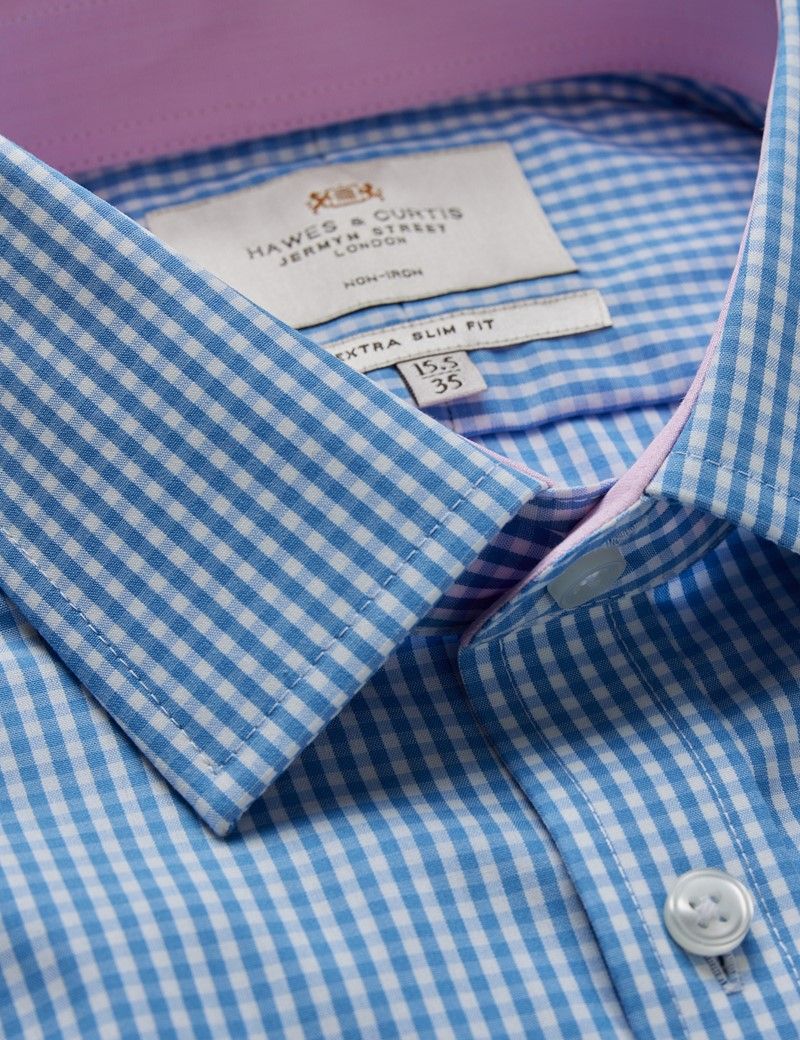 Extra Slim Fit Blue & White Gingham Plaid Non-Iron Shirt - Contrast Detail