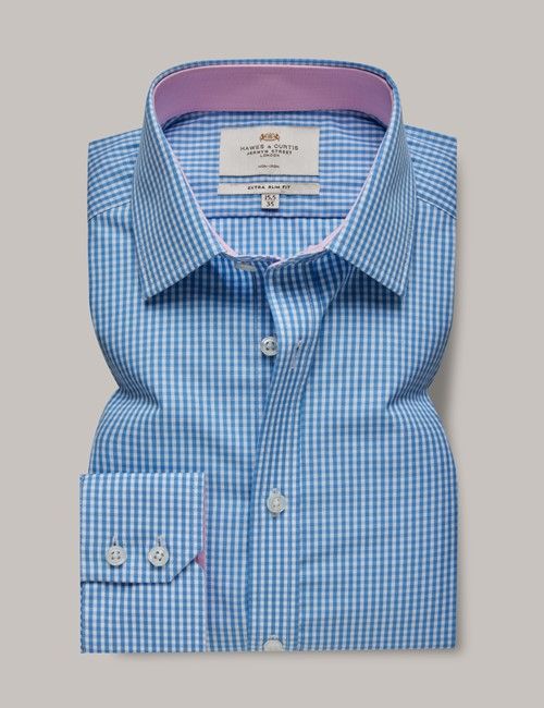 Non-Iron Blue & White Gingham Check Extra Slim Shirt - Contrast Detail-preview