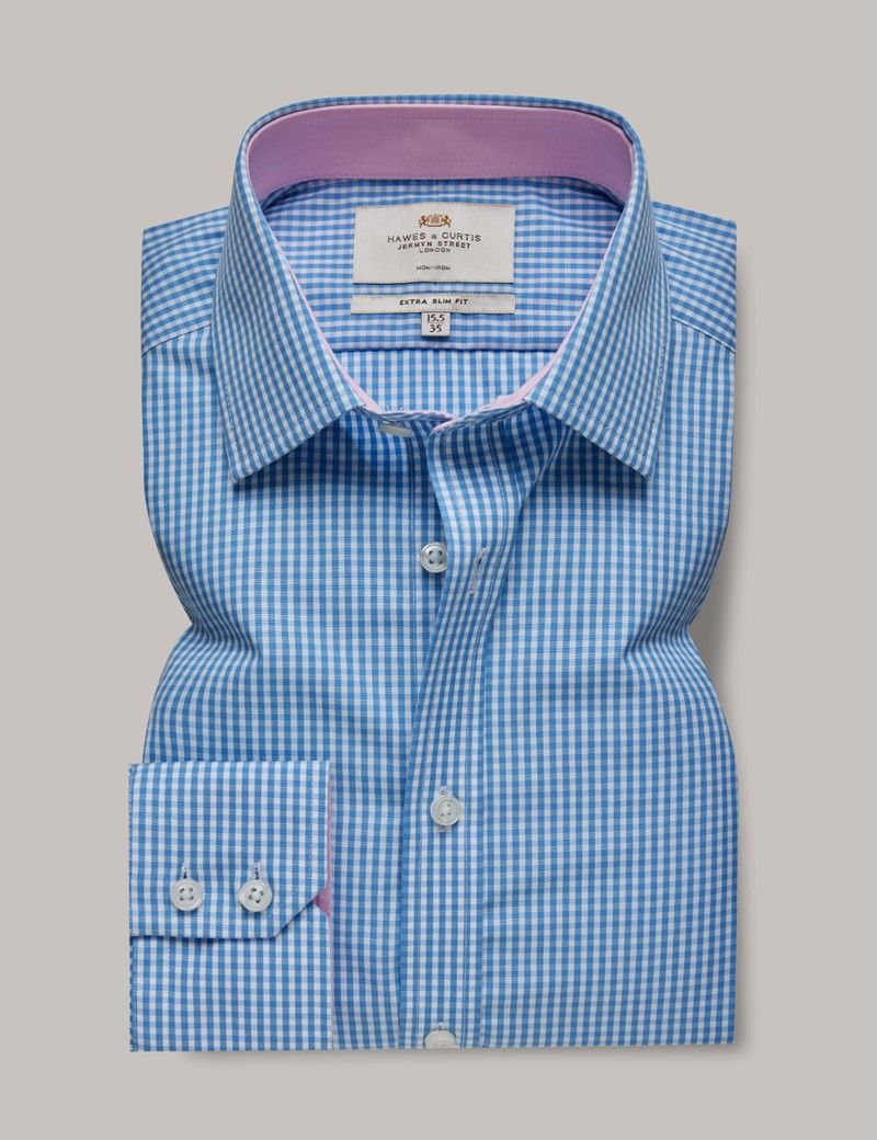 Extra Slim Fit Blue & White Gingham Plaid Non-Iron Shirt - Contrast Detail-preview