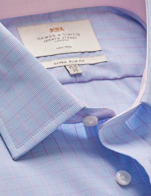 Non-Iron Blue & Pink Check Extra Slim Shirt - Contrast Detail