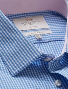 Extra Slim Fit Blue & White Check Non-Iron Shirt - Contrast Detail