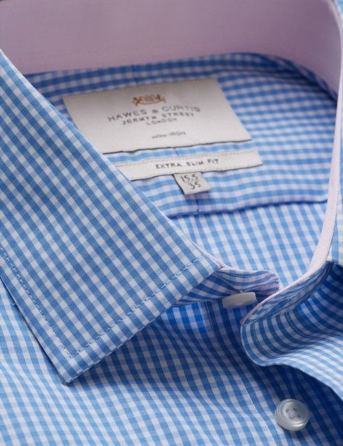 Non-Iron Blue & White Gingham Extra Slim Shirt - Contrast Detail
