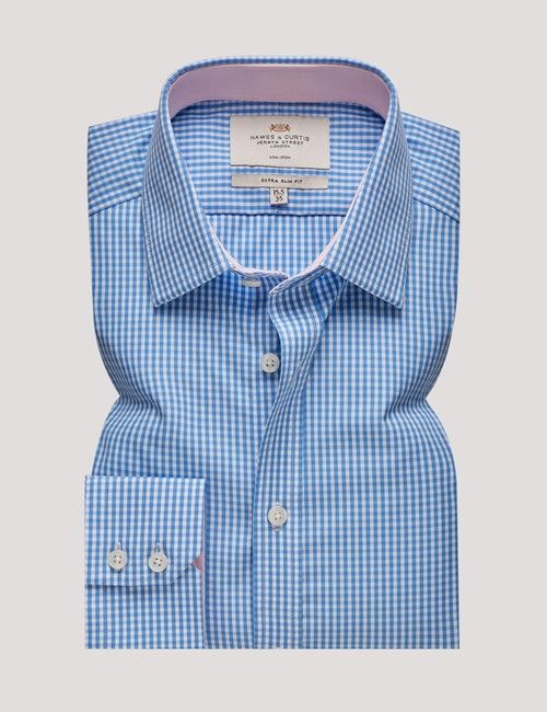 Non-Iron Blue & White Gingham Extra Slim Shirt - Contrast Detail-preview